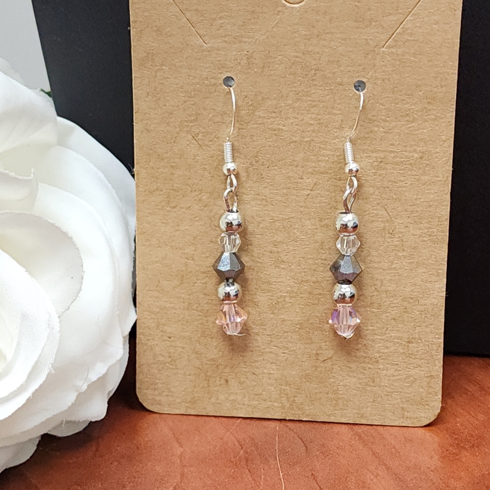 Silver Toned Dangle Earrings With Jet Black Hematite & Light Pink Crystal Beads